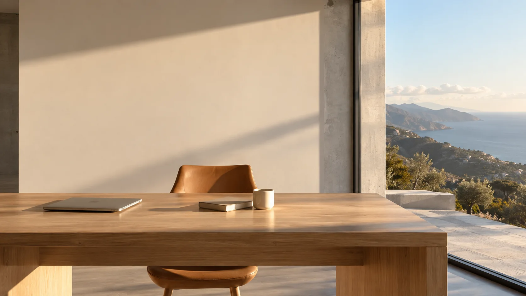 An uncluttered oak desk beside a sunlit coastal view
